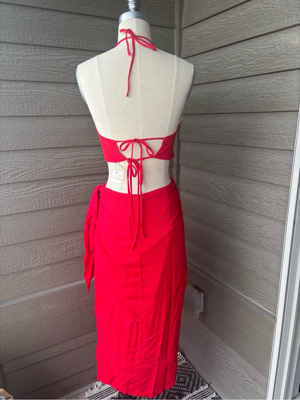 Magnolia Red Two-Piece Halter Crop Top and Wrap Skirt Set - Picture 2 of 2